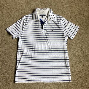 Tommy Hilfiger White and Blue Striped Logo Polo